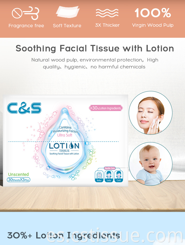 China Fabricación Toque Soft Soft 3 capas 30 Hojas Box Papel de limpieza de tejidos faciales